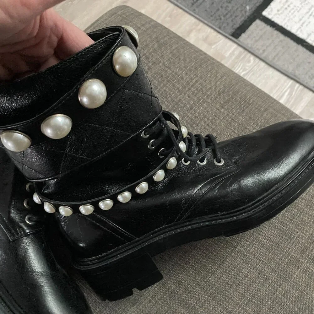 Zara Black Leather Pearl Studded Straps Lace Up Combat Goth Y2K Military Boots 9